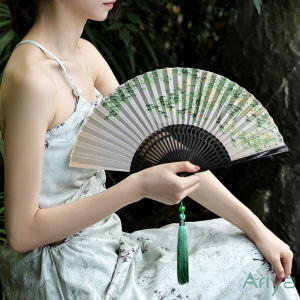 พัดจีน 8 นิ้วห้อยพู่มุก พัด ฉลุไม้ไผ่สีเขียวเนื้อผ้า พัดจีนโบราณผู้หญิงกะทัดรัดดี พัดมือพับได้ พัดญี่ปุ่นแบบคลาสสิก