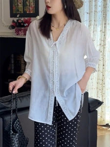 QINGNAER | French Large Size V-Neck Lace Trimmed See-Through Three Quarter Sleeve Blouse