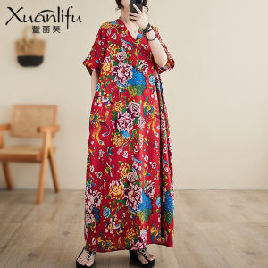 Summer Spring V-Neck Loose Cotton Linen Beach Skirt Retro Meat Concealing Long Ethnic Style Robe Wide Flower Pattern Midi Dress