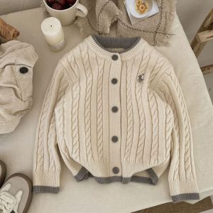 Boys Knitted Cardigan Sweater Cartoon Embroidery Stylish Korean Version Long Sleeve round Neck Soft Knitwear for Autumn