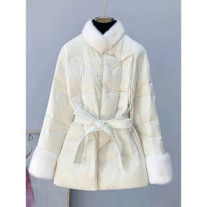 Elegant Thickened Waist-Cinching Cotton Jacket Womens Winter Coat White Traditional Chinese Style Fashionable Hanfu Top