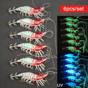 6pcs/set Simulation Shrimp Squid Jig Horizontal Egi Set Luminous Fishing Lure UV Glow Eging Bait Saltwater Cuttlefish Octopus