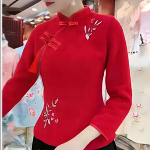 Áo Sơ Mi Dài Tay Dày Kiểu Trung Quốc Thời Trang Mùa Đông Cho Phụ Nữ Trung Niên Và Trẻ Tuổi Áo Dài Tay Thêu Họa Tiết Hoa
