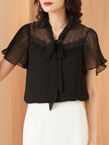 GUNIDUO | Black Sheer Chiffon Short Sleeve Shirt