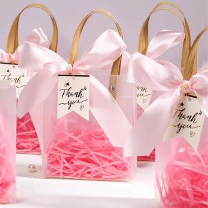 10pcs Clear PVC Gift Bags with Pink Ribbon Plastic Tote Bag Gift Wrap Bag for Wrapping Holiday Gifts Shopping Birthday Supplies