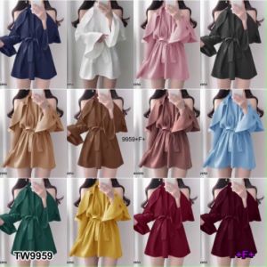 B9959 เดรสเว้าไหล่ระบาย + สายผูกเอว Off-the-shoulder dress + drawstring waist