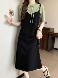 New Chinese Style Loose T-Shirt Dress Maternity Summer Clothing High Waist A-Line Skirt Fake Two-Piece Dress Korean Style