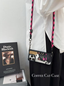 เคสโทรศัพท์มือถือ Apple 15 pro Max แบบสะพายข้างพร้อมกระจกแต่งหน้าแมวสีดำ สายรัดหนังสาน กันกระแทก เคสโทรศัพท์มือถือแบบหนา