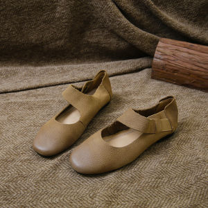 Hattin Genuine Leather Ballet Flats Retro Flat Bottom Womens Shoes Comfortable Country Style Grandma Mary Janes Low Cut Single Shoes