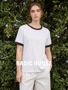 Basic House | White Cotton Short Sleeve T-shirt Summer Color Block Round Neck