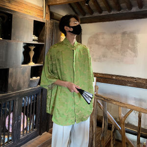 New Chinese Style Mens Acetate Satin Shirt Mens Short Sleeve Fancy Stand Collar Han Chinese Costume Tang Costume 3/4 Sleeve Shirt