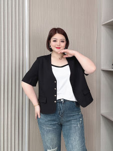 เสื้อแจ็คเก็ตสูทแขนสั้นทรงหลวมสบาย ๆ สำหรับผู้หญิงไซส์ใหญ่ ฤดูร้อน บาง กระชับสัดส่วน เสื้อเชิ้ตสีพื้น คอกลม ปกติ