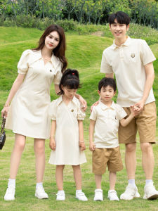 Summer Family Matching Outfits Mother Son Three People Set Cotton Polyester Blend Polo Shirt Dress Casual Kids Clothing