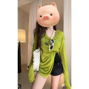 Red One-Shoulder Thin Long-Sleeve Mask T-Shirt Backless Summer Outerwear Air Conditioner Covering Korean Style Loose Fit Pure Color