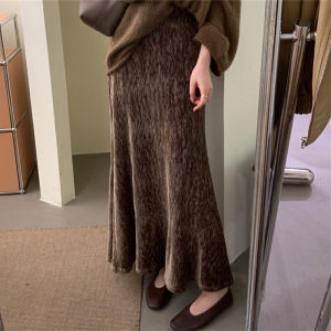Gold Velvet Skirt Womens Fall High Waist Corduroy Pleated Skirt Mid Length Long Length Winter Fishtail Sheath Dress