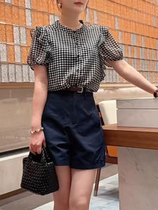 Shalldoer | Fashionable Commute Set Womens Summer Bubble Sleeve Plaid Stand Collar Short Sleeve Shirt Straight Casual Pants Two Piece Set