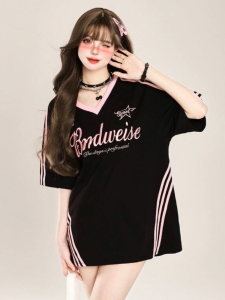 Crush Fashion Women Retro V-Neck Jersey Graphic Tee Oversized Drop Shoulder Side Stripe Letter Print Y2K Summer Streetwear Daily