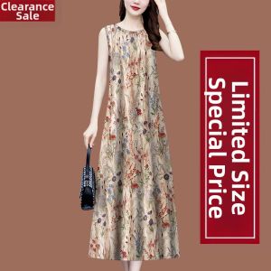 High-End Printed Vest Dress Womens Summer New Style Inner Wear Base Tank Long Dress Outerwear Womens Midi A-Line Gown