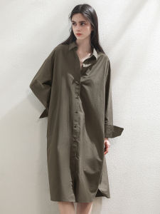 Miccbeirn | Silk Cotton Shirt Dress Commute Simple Style Casual Leisure Long Midi Skirt Pure Color Loose Waist Summer Season Polo Collar