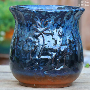 Handmade Large Mouth Ceramic Flower Pot Handmade Rough Glazed Flower Pot for Green Plants And Succulents with Carved Design