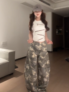 Quần Jeans Denim Ống Rộng Phong Cách Mỹ Cổ Điển Cho Nữ Mùa Hè Quần Dài Dài Đến Sàn Thường Ngày Quần Công Sở Camouflage