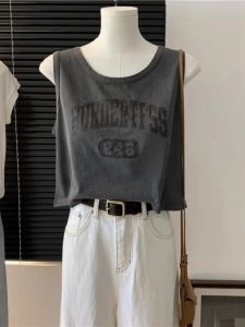 plus Size Womens Summer Thin Letter Print Halter Neck Tank Top Loose Fit Sleeveless T-Shirt for Heavy Girls Korean Style