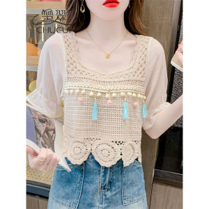 เสื้อเชิ้ตแขนพองสไตล์โบฮีเมียนฤดูร้อนสำหรับผู้หญิง ทรงหลวม สไตล์เกาหลี คอเหลี่ยม เส้นใยโพลีเอสเตอร์ แขนสั้น ปกโปโล