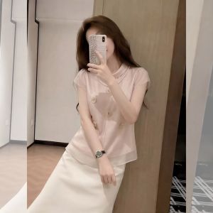 HUANJI | Áo Sơ Mi Dáng Rộng Mùa Hè Màu Hồng Viền Hoa 3D