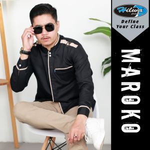 Hilwa Store Pekalongan - Baju Kemeja Koko Pria Hilwa Motif Maroko Warna Putih Hitam Matt Katun Toyobo Lengan Panjang Seragam Hadroh Size S M L XL XXL XXXL Jumbo