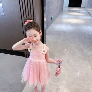 Girls K-style Sling Dress Summer Pink Tulle Tutu Skirt Baby Girls Trendy Thin Vest Princess Dress