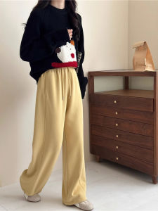 Womens Winter Thickened Fleece Lined Wide Leg Straight Cut Elastic Waist Casual Pants Two Ways to Wear Sporty Sweatpants