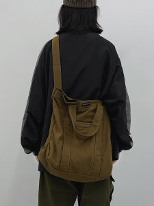 Large Capacity Canvas Shoulder Bag Mens Commuter Handbag Rucksack Korean Style Vertical Square Shape Soft Polyester Lining