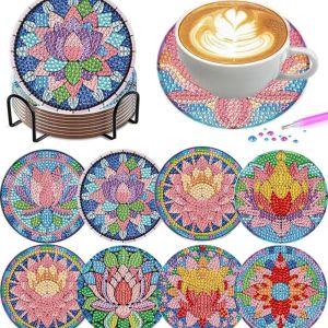 Bộ 8 Đế Lót Ly Tranh Kim Cương Họa Tiết Hoa Sen Tự Làm Bằng Nhựa Resin Kèm Giá Đỡ Phong Cách Đồng Quê Dành Cho Người Lớn
