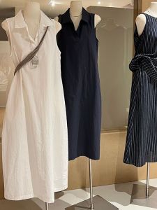 Elegant Polo Collar Sleeveless Dress Womens Casual Loose Vest Dress Comfortable Loose Sensation White Long Dress