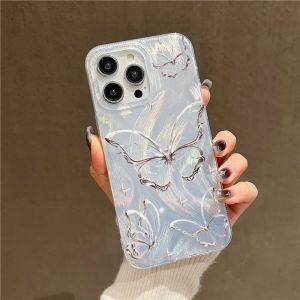 💗Internet celebrity trend+In stock+COD Luxury Laser Silver Butterfly Phone iPhone 16promax Case for Cover iPhone12 13 iPhone15pro 14 15 16 iPhone13promax
