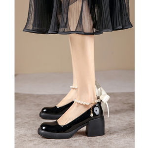 Mary Jane Shoes Spring and Summer plus Fat Wide Feet Womens Shoes Pearl Fairy Style French Thick Sole Easiest for Match Chunky Heel Shoes Plus Size