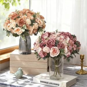 European Retro Peony Hydrangea Fake Flowers Home Wedding Room Indoor Decoration Festival Garland Material DIY Artificial Flower