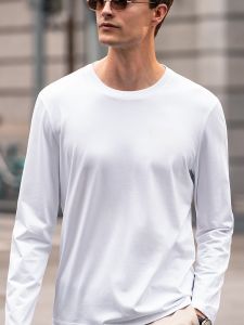 BIKK VRASREC Mens Long Sleeve T-Shirt round Neck Base Layer Shirt White Fashionable Urban Style Ice Silk Material for Autumn Winter