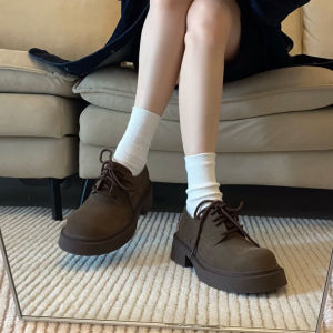Brown Retro Thick Heel Martin Large Head Single Shoes Womens Fashionable Comfortable Round Toe High Heel Rubber Outsole Shoes