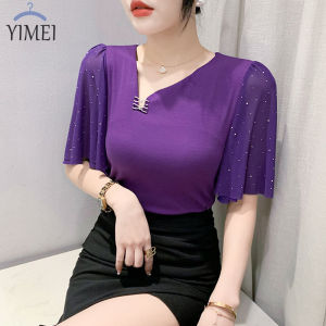 Yimei áo màu tím cho nữ áo thun tay áo xù kim cương cán nóng lưới trung quốc kết cấu trưởng thành nhẹ mới mùa hè 2023 áo khiêu vũ cổ chữ V mỏng cho nữ