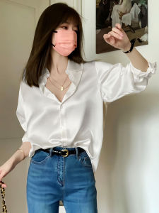 Elegant White Silk Shirt Womens Loose Top Design Spring Summer Fashion Small Size Friendly Straight Cut Long Sleeve Polo Collar