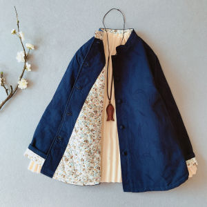 เสื้อแจ็คเก็ตผ้าฝ้ายขนาดใหญ่คอตั้งสไตล์ย้อนยุคสำหรับผู้หญิงในฤดูหนาว เสื้อคลุมกันหนาวผ้าฝ้ายผสมผ้าลินินปักลาย