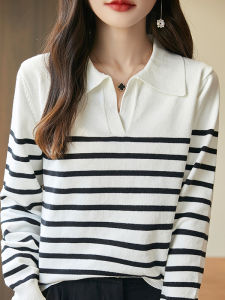 DONGYINUAN | Polo Collar Striped Long Sleeve Knit Sweater Autumn Winter Wear