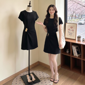 AIYITI | French Elegant Black Short Sleeve Dress Summer Slim Waist Large Size