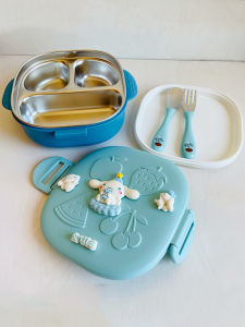 Portable Baby Dinner Plate 304 Stainless Steel Three Grids Childrens Supplementary Food Box Cartoon Design Easy to Clean