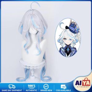 Focalors Fernina De Fontaine Cosplay Wig Genshin Impact Furina 100cm Long Wavy Ponytails White Mixed Blue Hair Temples Headwear