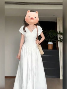 Xzy Plus Size Ladies French Style Temperament White Jacquard Dress Womens Summer Classy Exquisite V-neck Slimming Dress