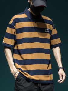 American Stripe Polo Shirt T-Shirt Mens Summer Turn-down Collar Loose Trendy Short Sleeve Pure Cotton Casual Top