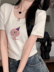 Stylish Shoulder Short Sleeve T-Shirt Womens Summer Niche Style Chic Print Slim Slimming and Short Hollowed Heart Shape Tops