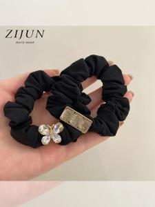ยางรัดผมสีดำประดับเพชรฝรั่งเศส ยางรัดผมสุดหรูสำหรับผู้หญิง ยางรัดผมยืดหยุ่นสูง ไม่ทำลายผม ยางรัดผมหางม้า